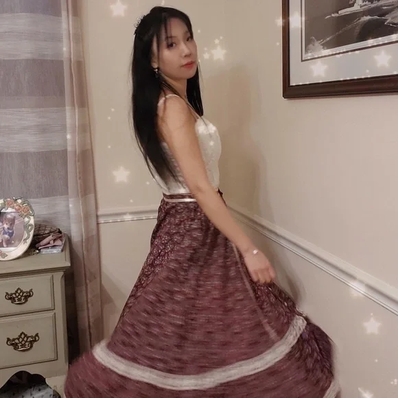 💖Beautiful💖Jessica's Gunnies Gunne Sax Burgundy Calico Lace Prairie Skirt🌟 - Picture 2 of 15